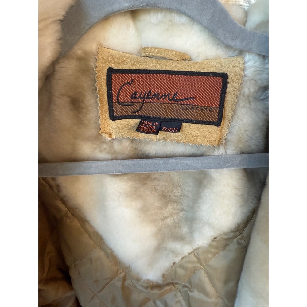 Y2K Vtg Leather Fur Trim Tan Suede Belted Jacket Coat Small‎ - Picture 2 of 7
